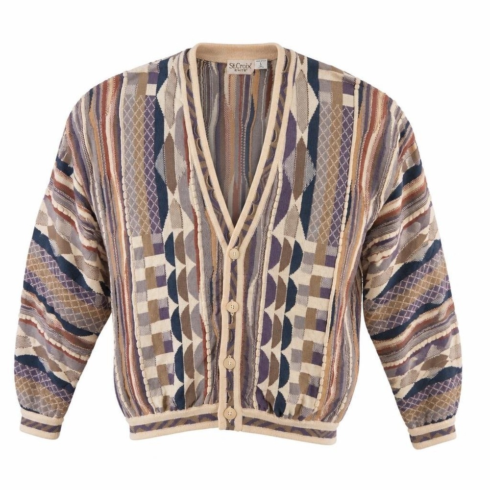 VTG St Croix Cardigan Mens L 3D Knit Biggie Cosby Cotton USA Geometric Sweater